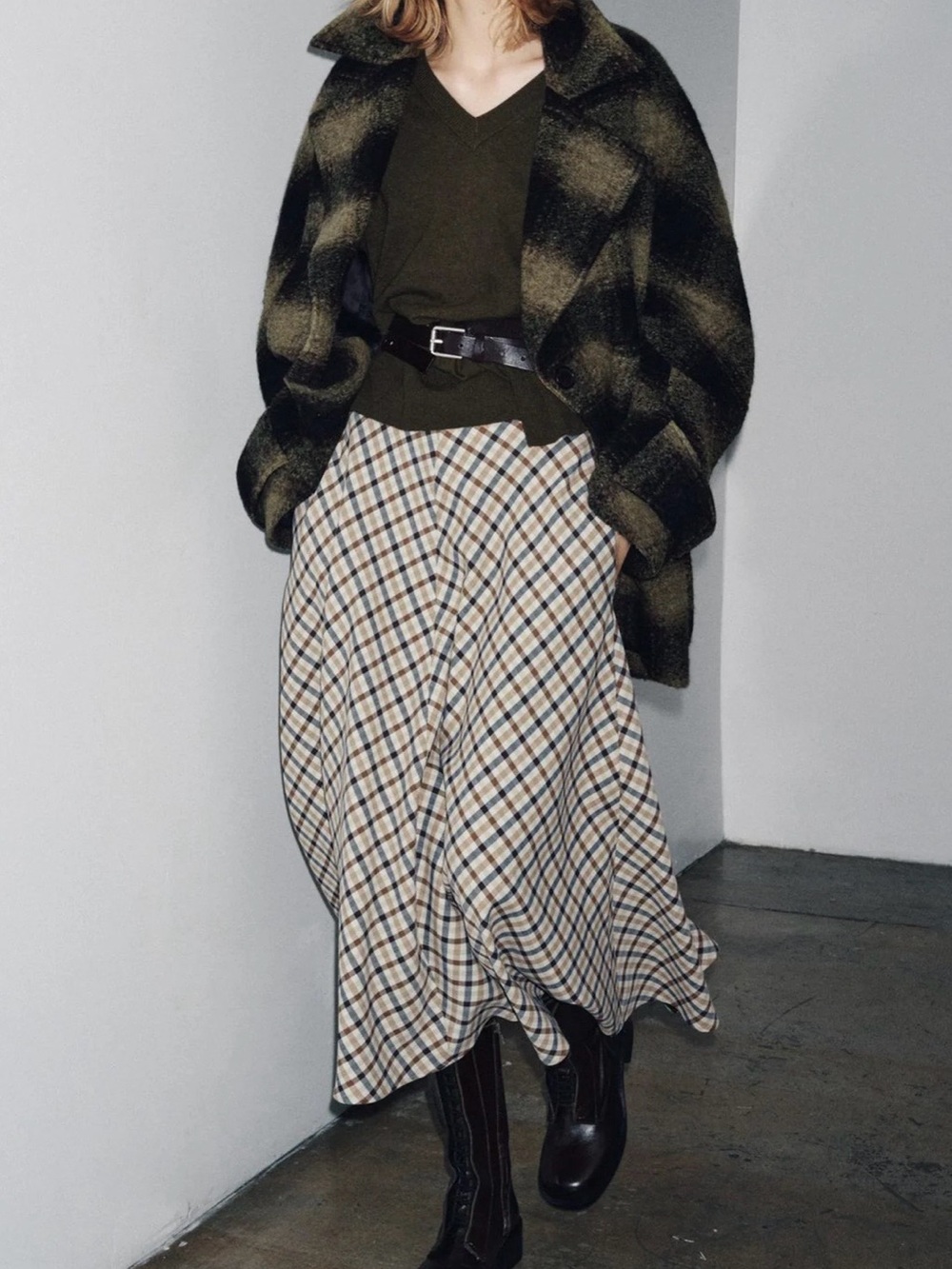 Zara ZW Collection Plaid Cape Skirt Brown Beige Navy– Size M